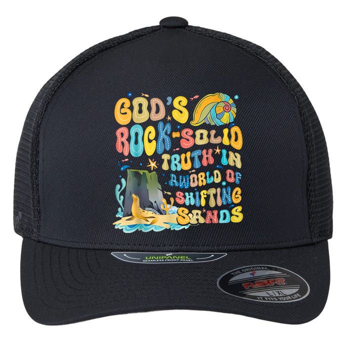 GodS Rock Solid Breaker Rock Beach Vbs 2024 Christian Flexfit Unipanel Trucker Cap