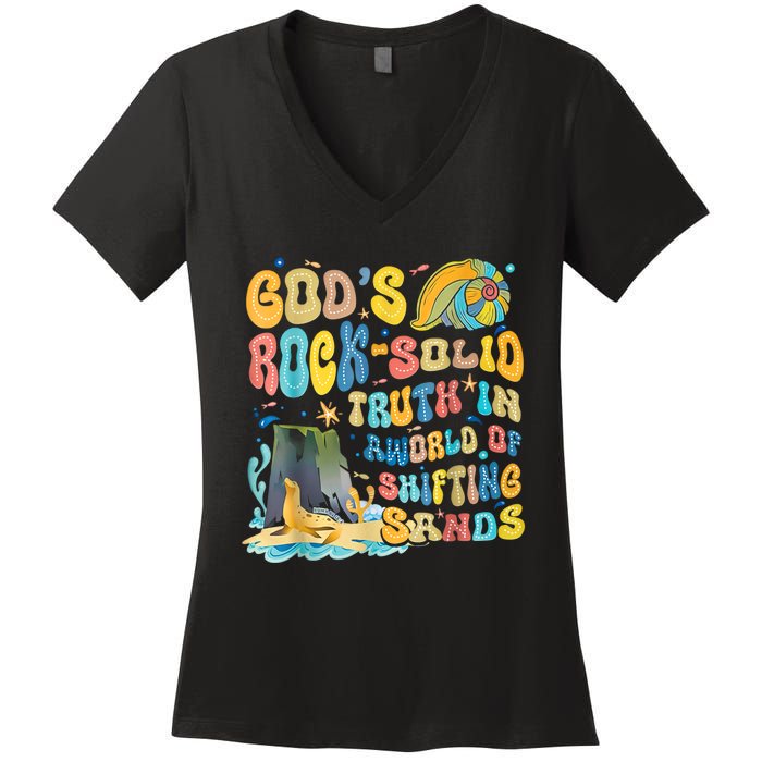 GodS Rock Solid Breaker Rock Beach Vbs 2024 Christian Women's V-Neck T-Shirt