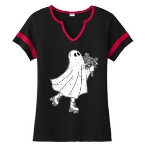 Ghost Roller Skate Halloween Costume Ghoul Skating Skater Funny Gift Ladies Halftime Notch Neck Tee