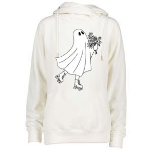 Ghost Roller Skate Halloween Costume Ghoul Skating Skater Funny Gift Womens Funnel Neck Pullover Hood