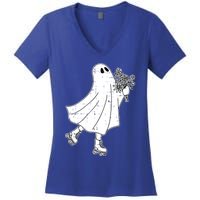 Ghost Roller Skate Halloween Costume Ghoul Skating Skater Funny Gift Women's V-Neck T-Shirt