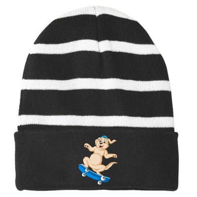 Golden Retriver Skateboarding Striped Beanie with Solid Band