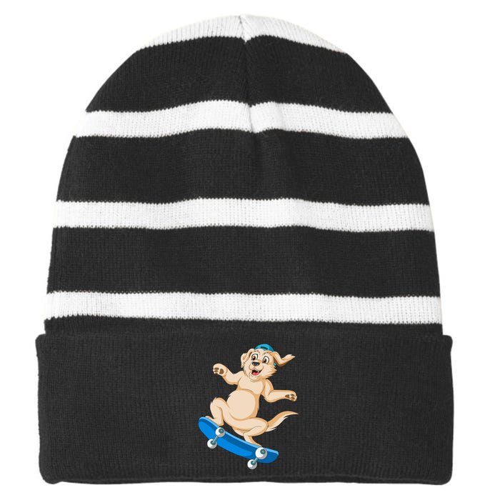 Golden Retriver Skateboarding Striped Beanie with Solid Band