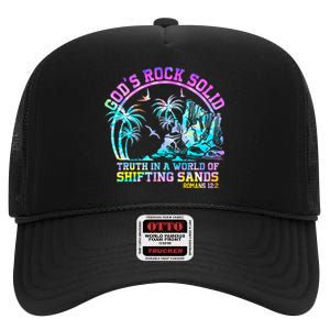 GodS Rock Solid Breaker Rock Beach Vbs 2024 Christian High Crown Mesh Back Trucker Hat