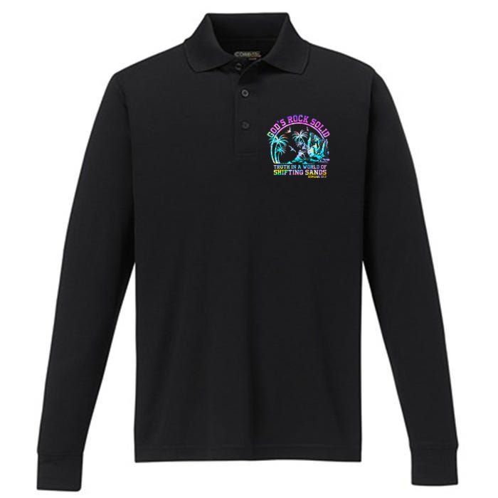 GodS Rock Solid Breaker Rock Beach Vbs 2024 Christian Performance Long Sleeve Polo