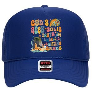 GodS Rock Solid Breaker Rock Beach Vbs 2024 Christian High Crown Mesh Back Trucker Hat