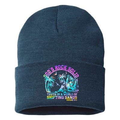 GodS Rock Solid Breaker Rock Beach Vbs 2024 Christian Sustainable Knit Beanie