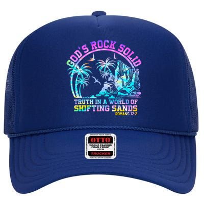 GodS Rock Solid Breaker Rock Beach Vbs 2024 Christian High Crown Mesh Back Trucker Hat