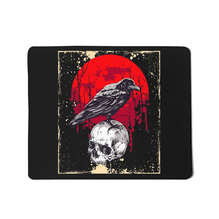 Gothic Raven Skull Red Moon Black Crow Mousepad