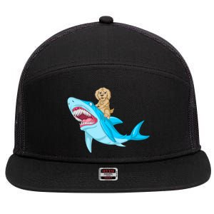 Goldendoodle Riding Shark 7 Panel Mesh Trucker Snapback Hat