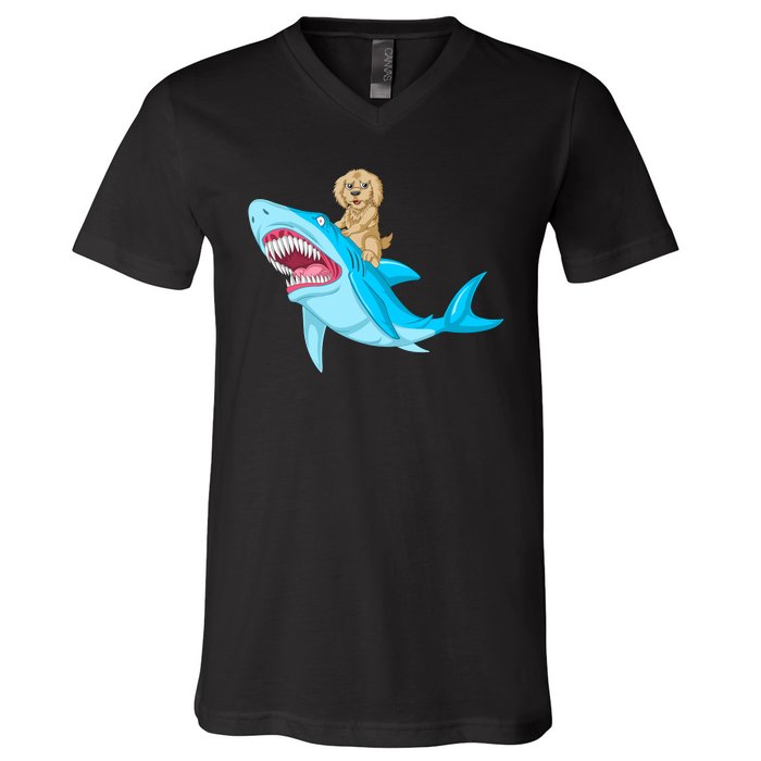 Goldendoodle Riding Shark V-Neck T-Shirt