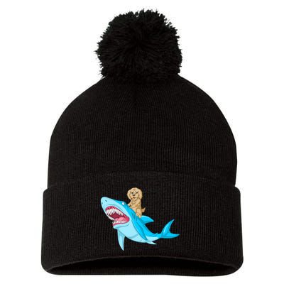 Goldendoodle Riding Shark Pom Pom 12in Knit Beanie