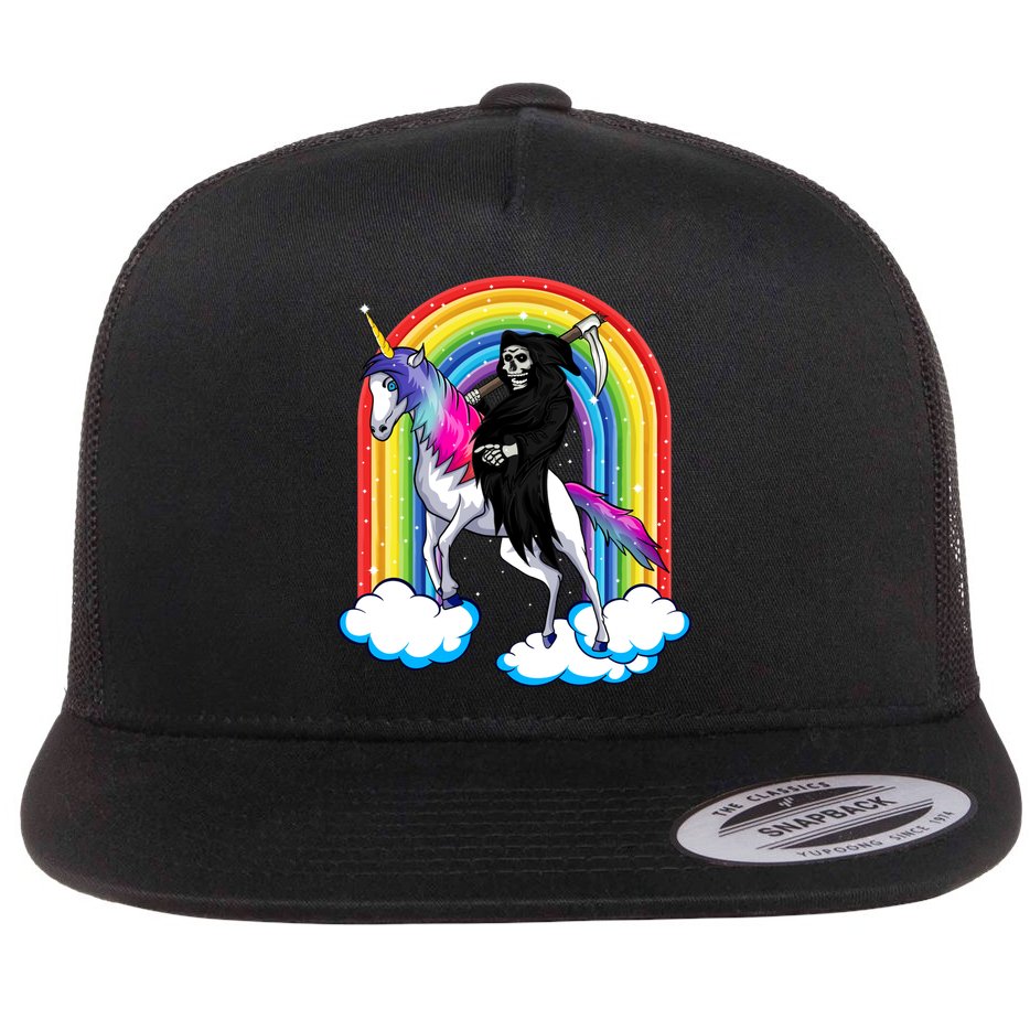 Grim Reaper Skull Riding An Unicorn Death Unicorn Halloween Gift Flat Bill Trucker Hat