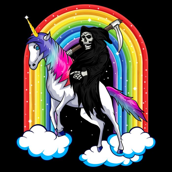 Grim Reaper Skull Riding An Unicorn Death Unicorn Halloween Gift Flat Bill Trucker Hat