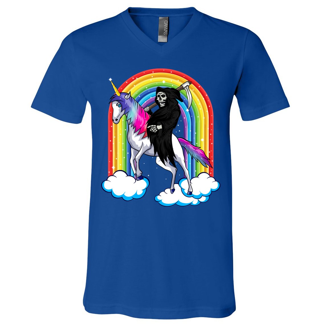 Grim Reaper Skull Riding An Unicorn Death Unicorn Halloween Gift V-Neck T-Shirt