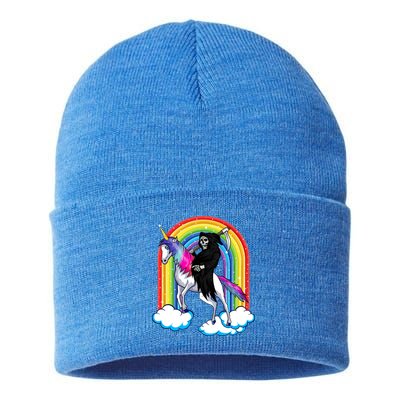 Grim Reaper Skull Riding An Unicorn Death Unicorn Halloween Gift Sustainable Knit Beanie
