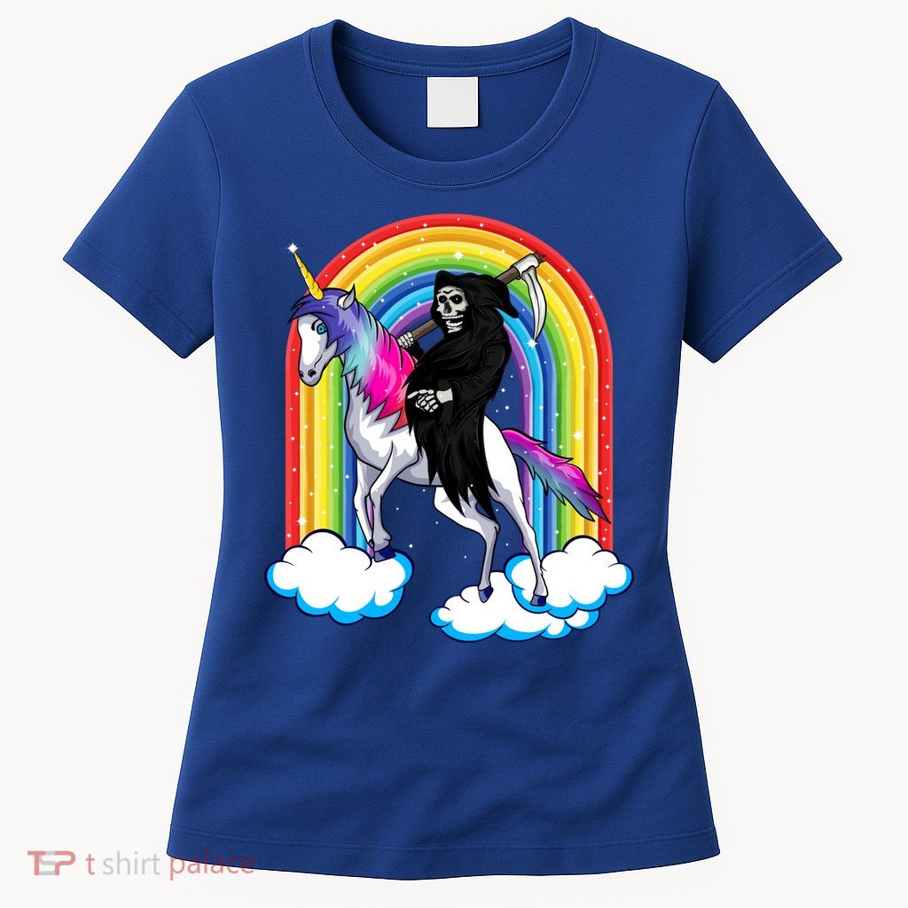 Grim Reaper Skull Riding An Unicorn Death Unicorn Halloween Gift Womens T-Shirt