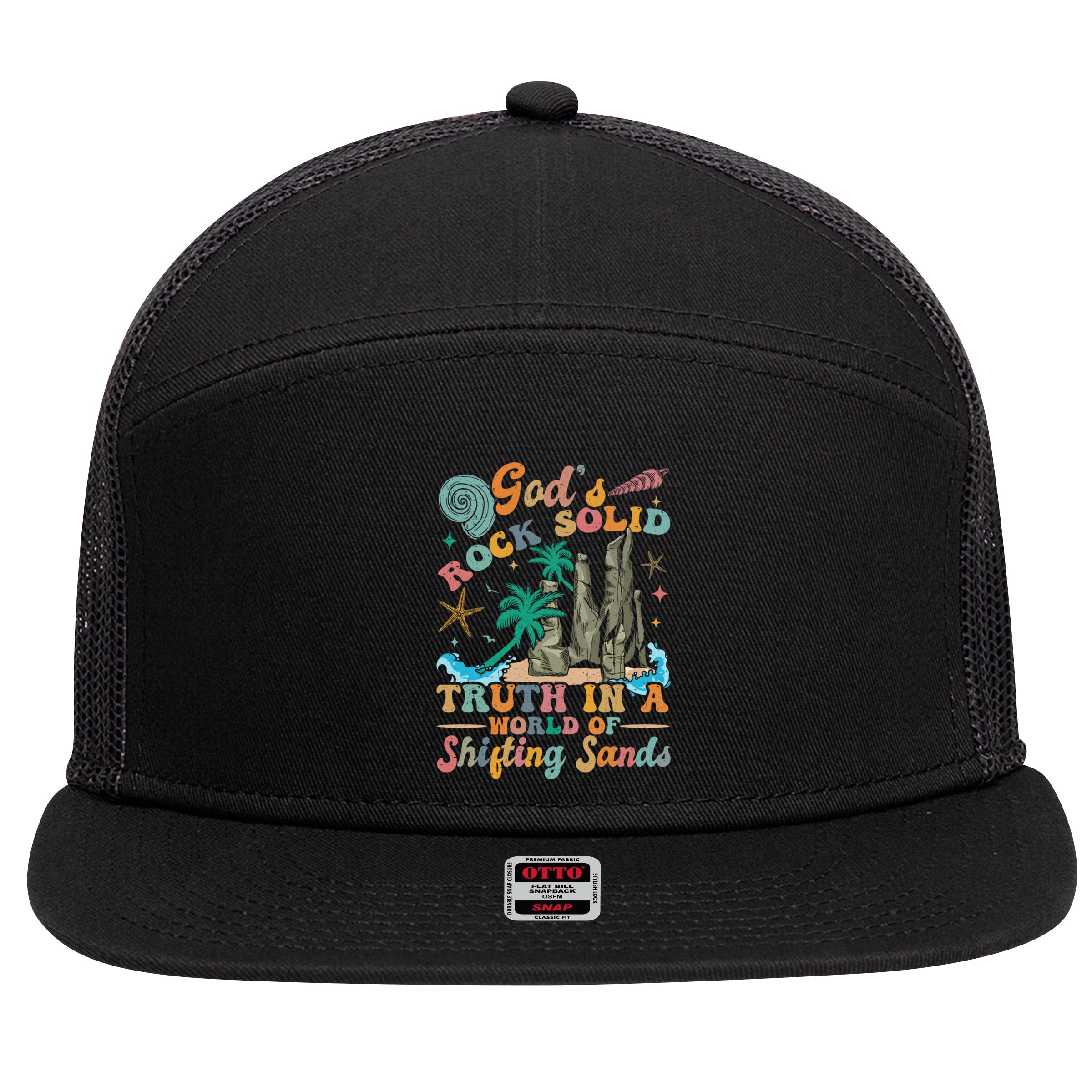 GodS Rocks Solid Breaker Rock Beach Vbs 2025 Christian Gift 7 Panel Mesh Trucker Snapback Hat