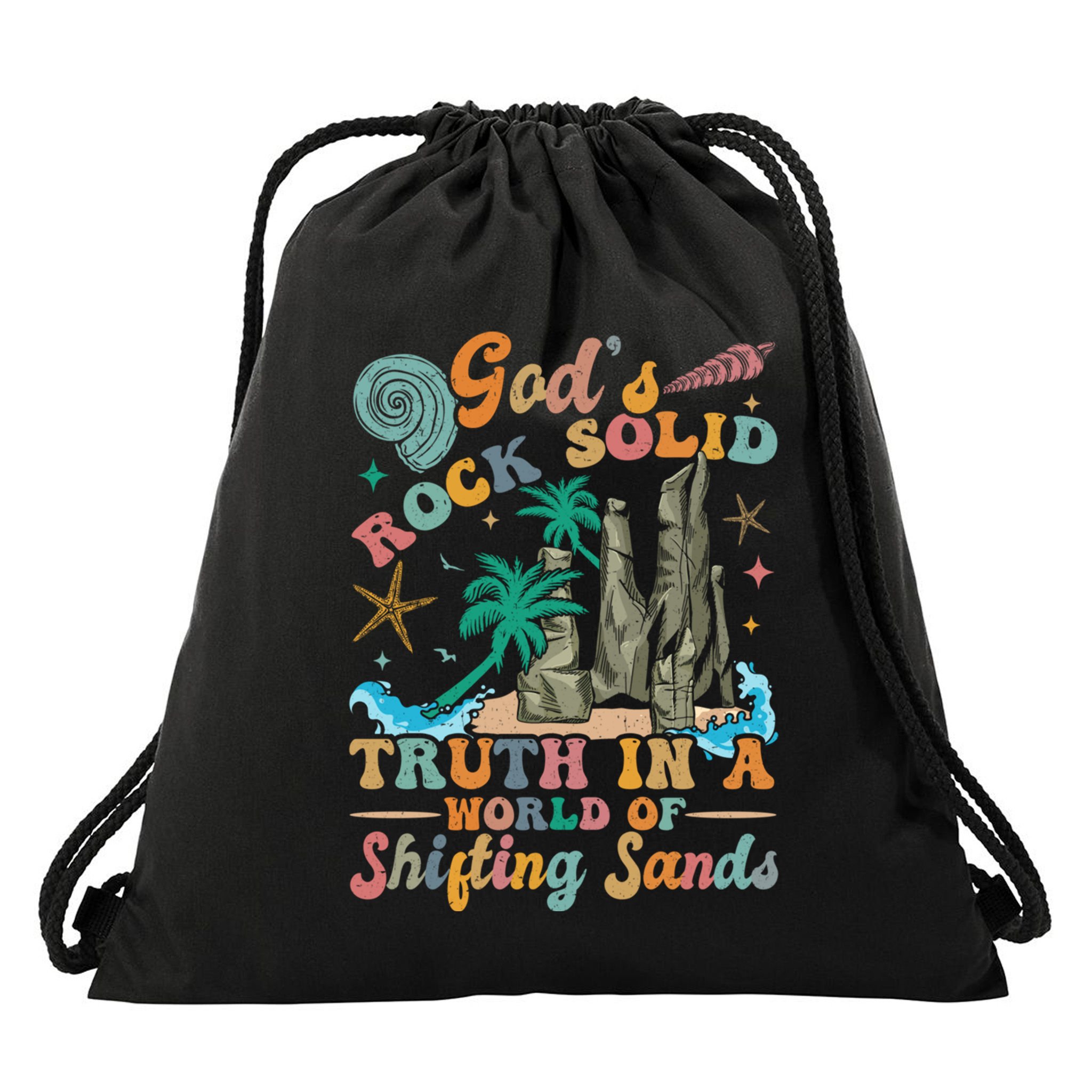 GodS Rocks Solid Breaker Rock Beach Vbs 2025 Christian Gift Drawstring Bag