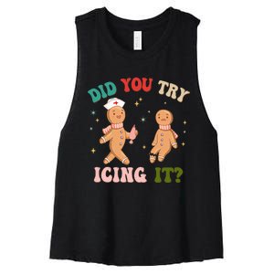 Groovy Retro School Nurse Christmas Did You Try Icing It Women's Racerback Cropped Tank