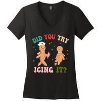 Groovy Retro School Nurse Christmas Did You Try Icing It Women's V-Neck T-Shirt