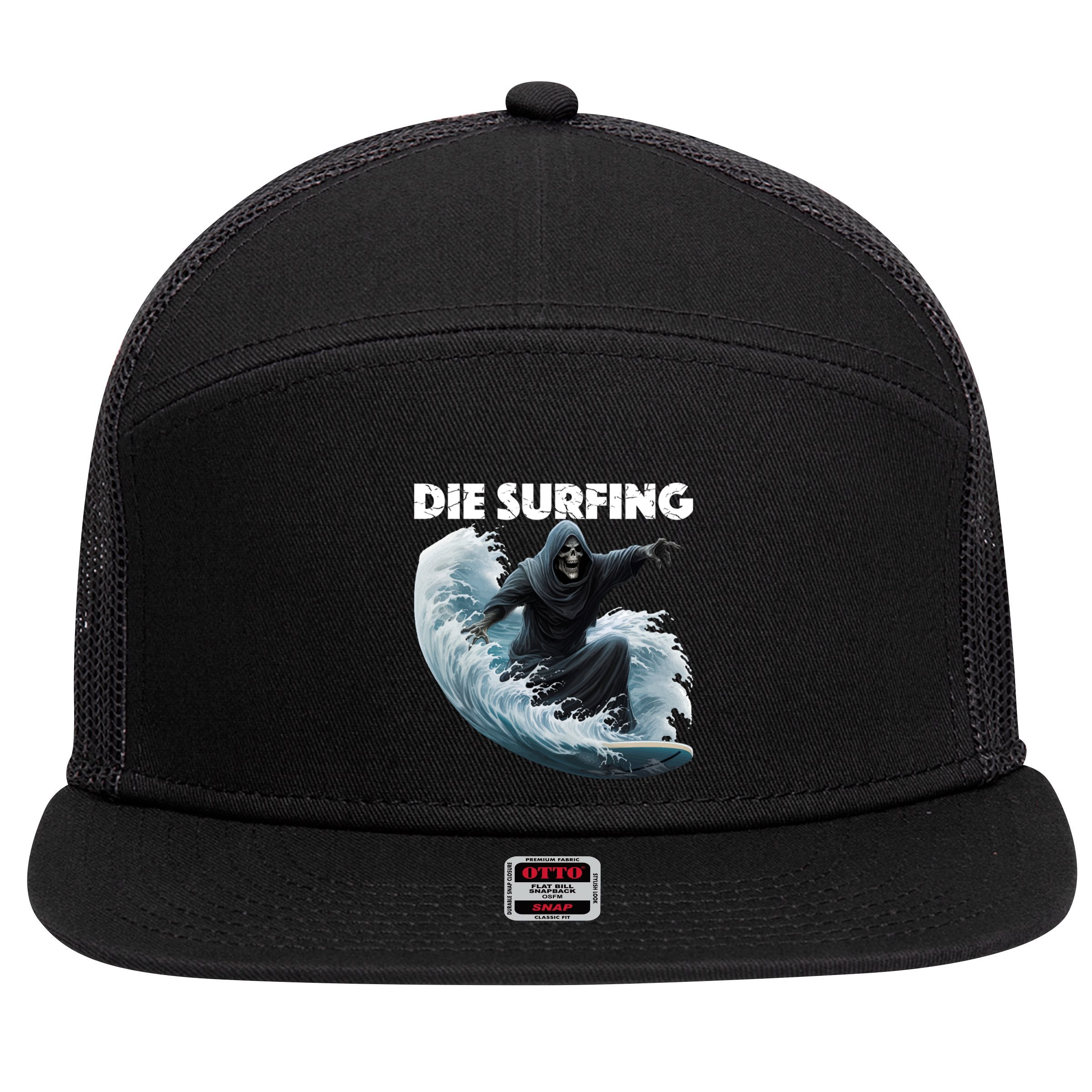 Grim Reaper Surfing Die Surfing (White Lettering) 7 Panel Mesh Trucker Snapback Hat