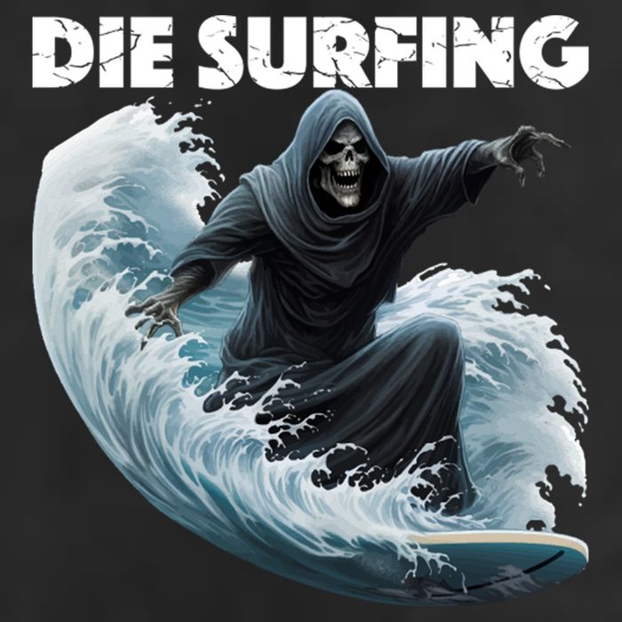 Grim Reaper Surfing Die Surfing (White Lettering) 7 Panel Mesh Trucker Snapback Hat