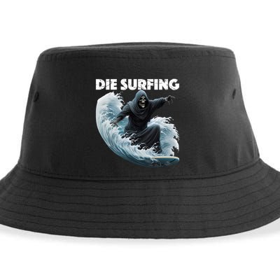 Grim Reaper Surfing Die Surfing (White Lettering) Sustainable Bucket Hat