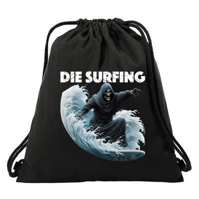 Grim Reaper Surfing Die Surfing (White Lettering) Drawstring Bag