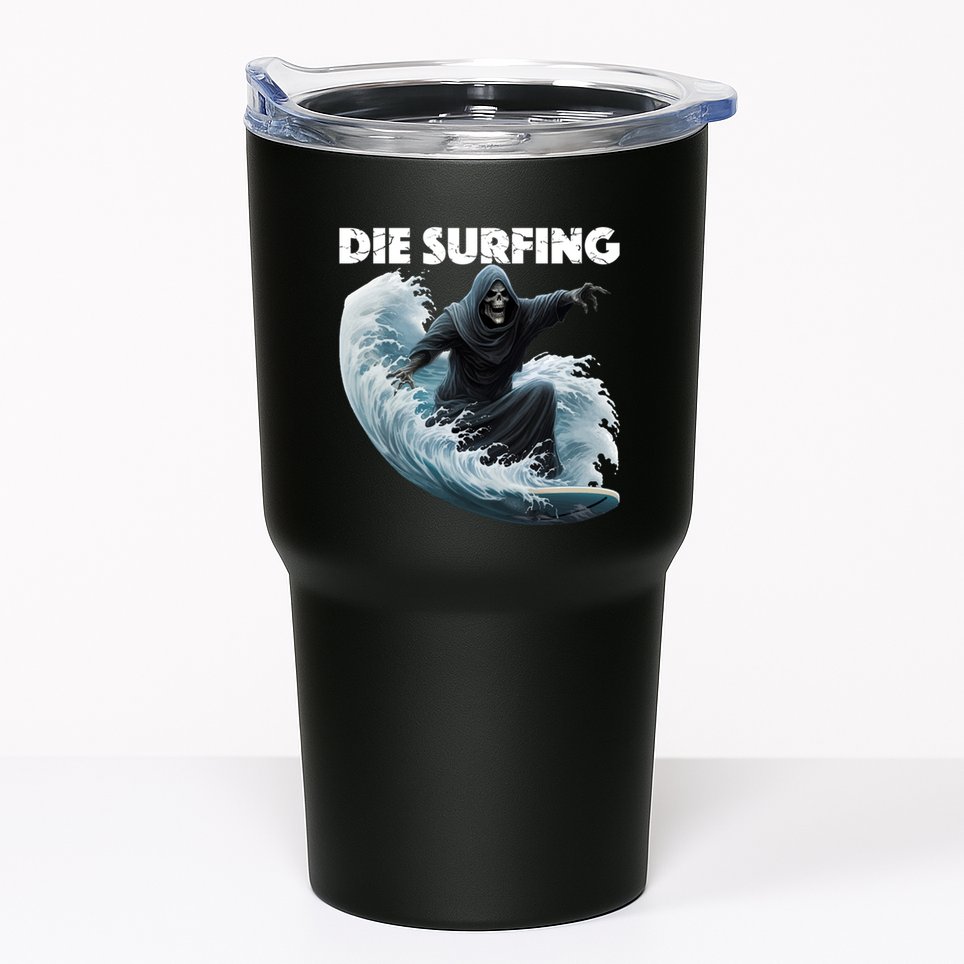 Grim Reaper Surfing Die Surfing (White Lettering) Tumbler