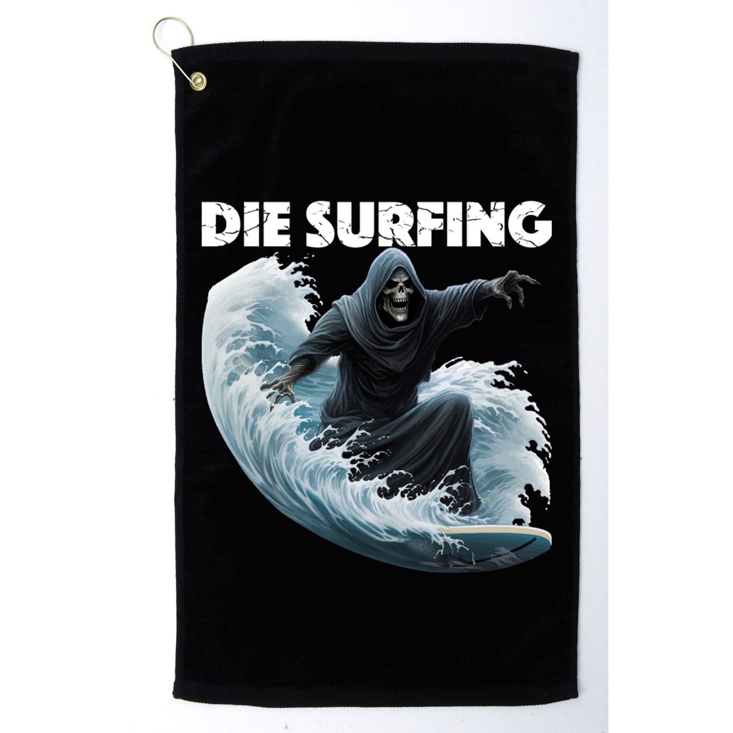 Grim Reaper Surfing Die Surfing (White Lettering) Golf Towel