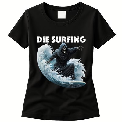Grim Reaper Surfing Die Surfing (White Lettering) Womens T-Shirt