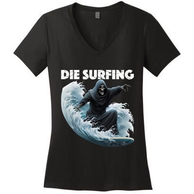 Grim Reaper Surfing Die Surfing (White Lettering) Women's V-Neck T-Shirt
