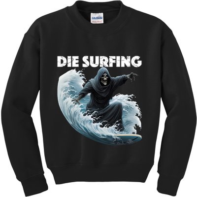 Grim Reaper Surfing Die Surfing (White Lettering) Kids Sweatshirt