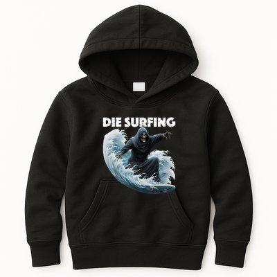 Grim Reaper Surfing Die Surfing (White Lettering) Kids Hoodie