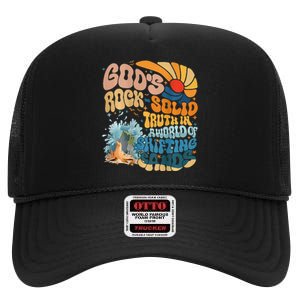 GodS Rock Solid Breaker Rock Beach Vbs 2024 Christian High Crown Mesh Back Trucker Hat