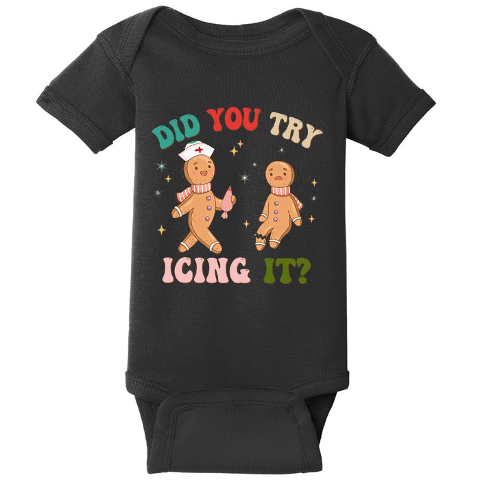 Groovy Retro School Nurse Christmas Did You Try Icing It Baby Bodysuit