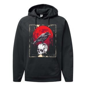 Gothic Raven Skull Red Moon Black Crow Performance Fleece Hoodie