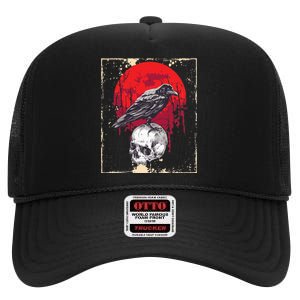 Gothic Raven Skull Red Moon Black Crow High Crown Mesh Back Trucker Hat