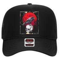 Gothic Raven Skull Red Moon Black Crow High Crown Mesh Back Trucker Hat