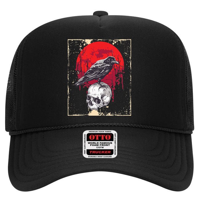 Gothic Raven Skull Red Moon Black Crow High Crown Mesh Back Trucker Hat