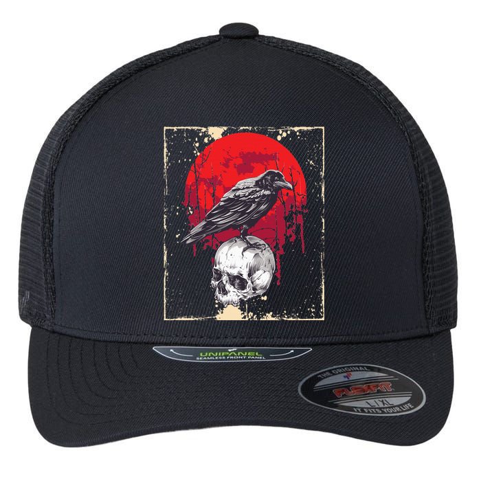 Gothic Raven Skull Red Moon Black Crow Flexfit Unipanel Trucker Cap