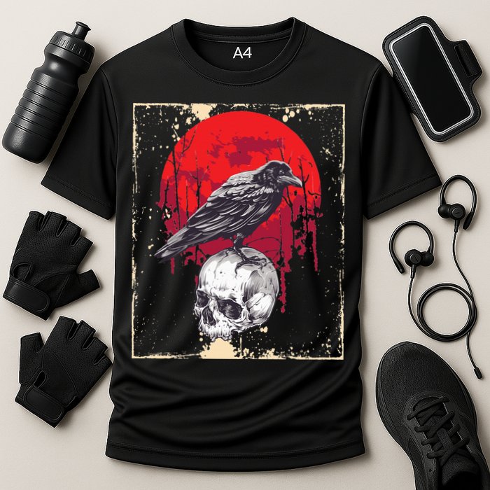 Gothic Raven Skull Red Moon Black Crow Cooling Performance Crew T-Shirt