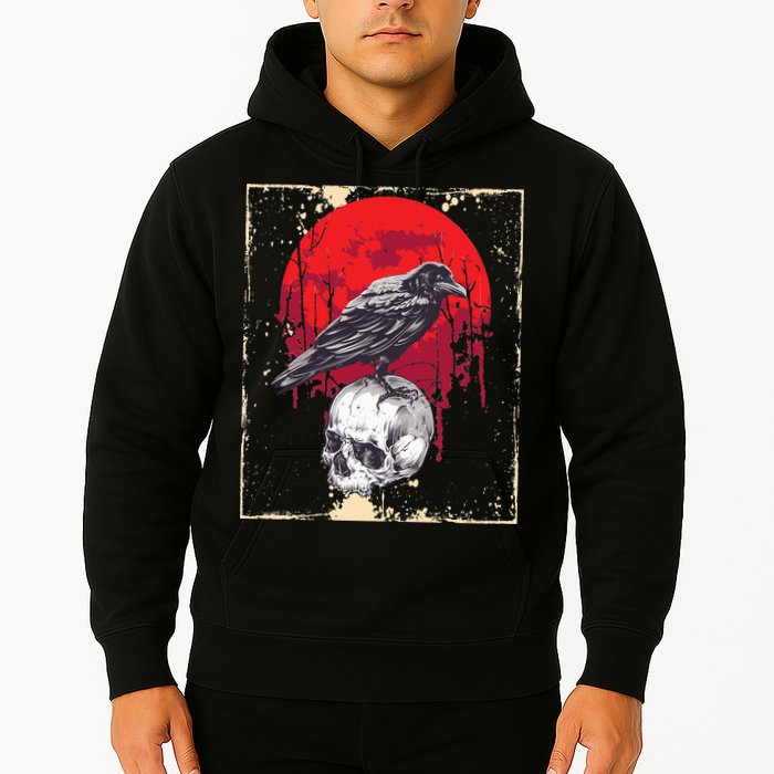 Gothic Raven Skull Red Moon Black Crow Hoodie