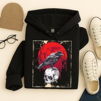 Gothic Raven Skull Red Moon Black Crow Hoodie