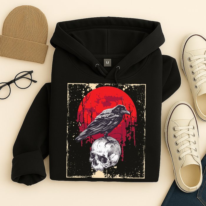 Gothic Raven Skull Red Moon Black Crow Hoodie