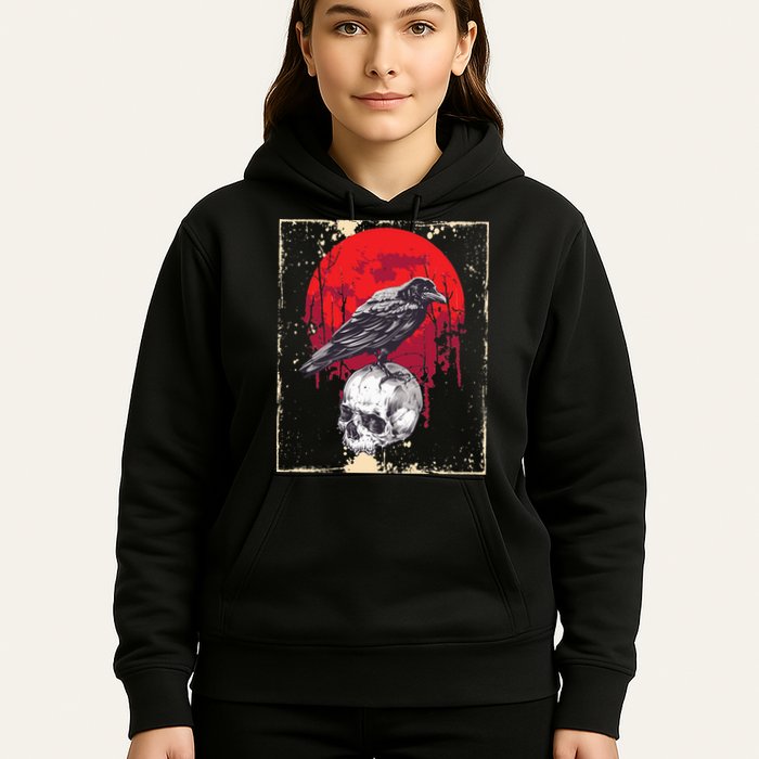 Gothic Raven Skull Red Moon Black Crow Hoodie