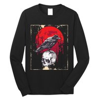 Gothic Raven Skull Red Moon Black Crow Long Sleeve Shirt