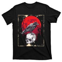 Gothic Raven Skull Red Moon Black Crow T-Shirt