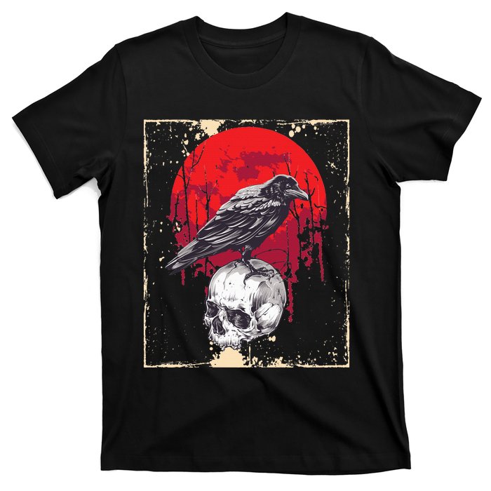 Gothic Raven Skull Red Moon Black Crow T-Shirt